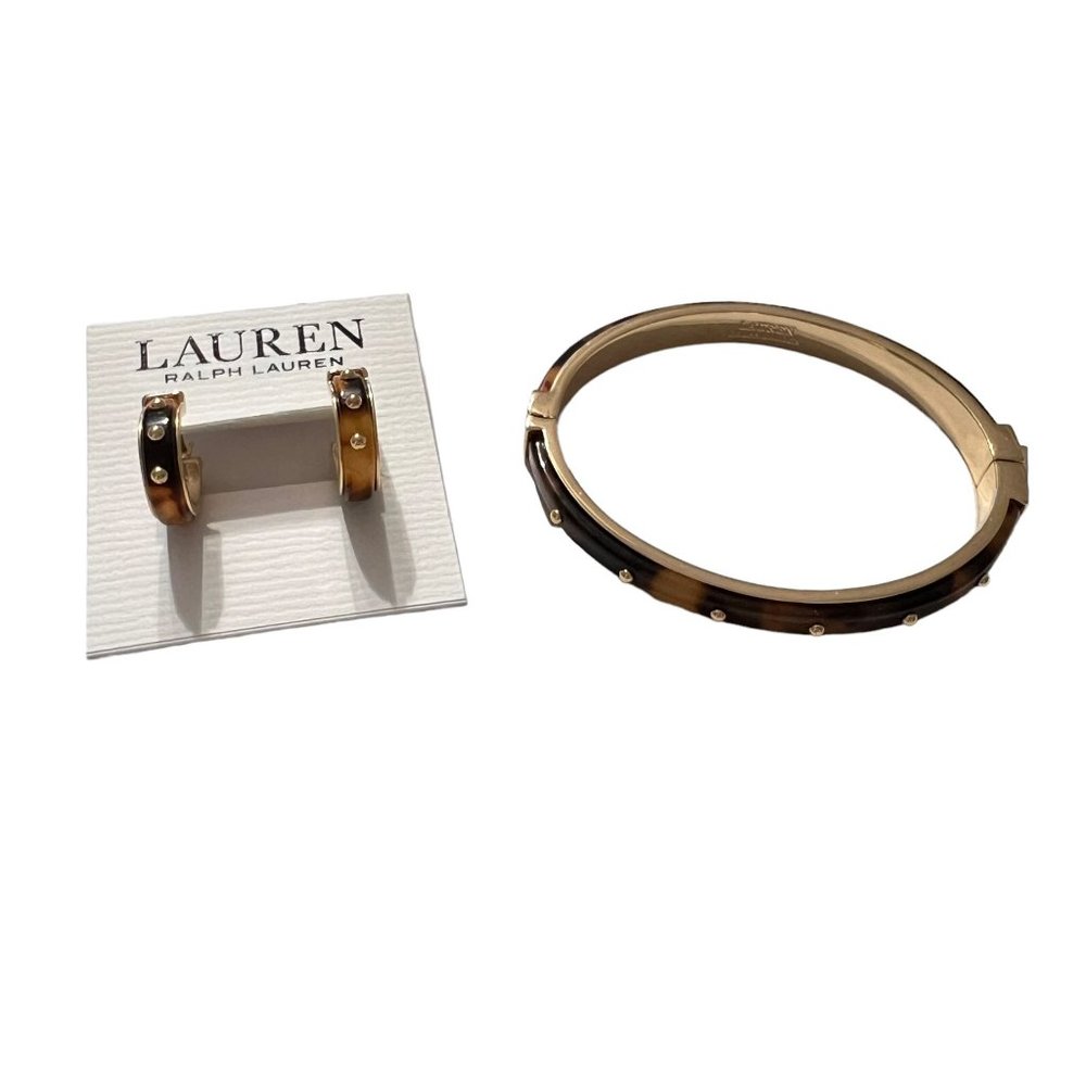 NWT Ralph Lauren Tortoise Gold Studded Bangle Clamper Bracelet Huggie Earrings - Picture 14 of 14
